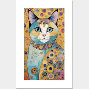 Gustav Klimt's Chromatic Whiskers: Colorful Cat Illustration Posters and Art